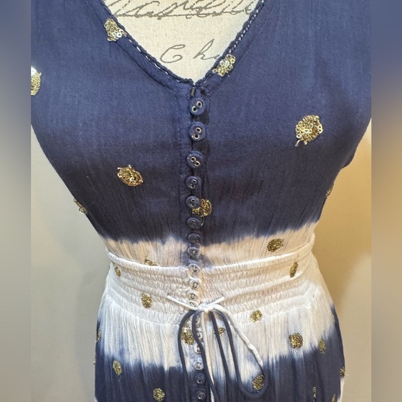 GOA‎ Paris Blue & White Asymmetric Hem V Neck Midi Dress Floaty Fairycore Sz M - Picture 7 of 14